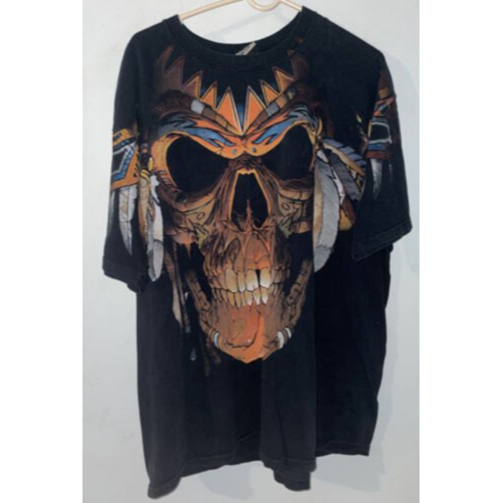 Vintage Liquid Blue Tribal Skull All Over Print Front Back Double Sided SZ XXL
